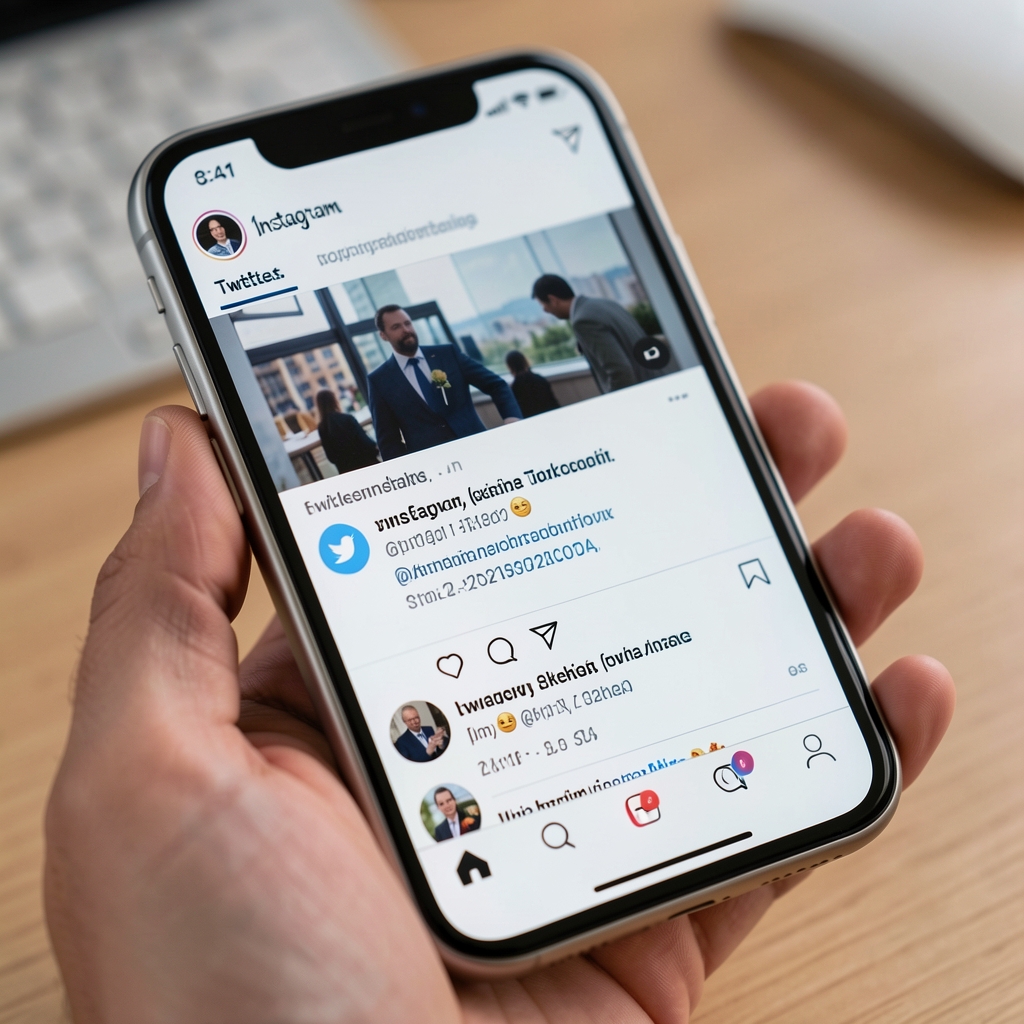 Крупный план смартфона с лентой социальных сетей — использование Instagram и Twitter в профессиональной журналистике
